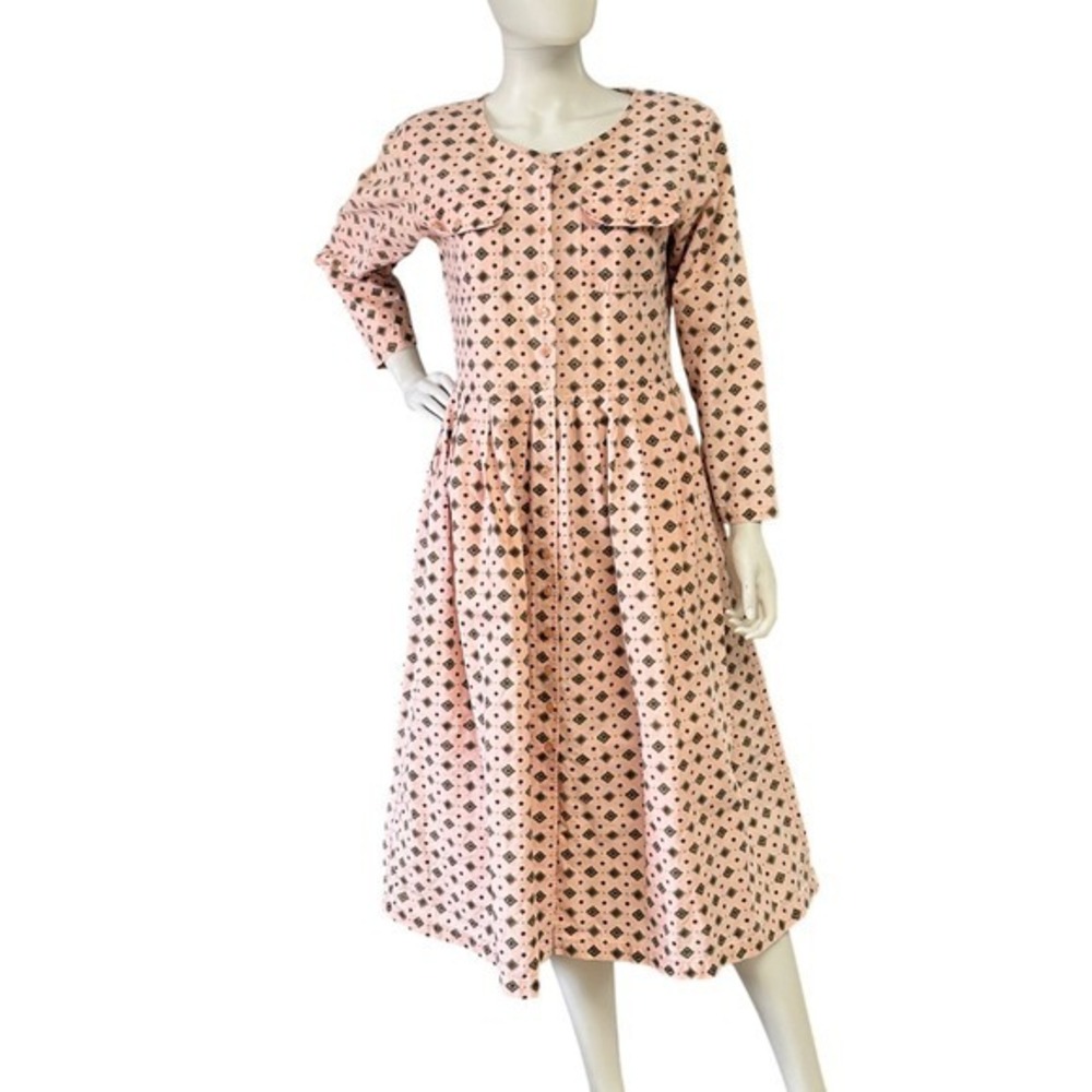 Vintage 80s 90s DAVID‎ BENJAMIN Pink Geometric Print Button Front Midi  Dress